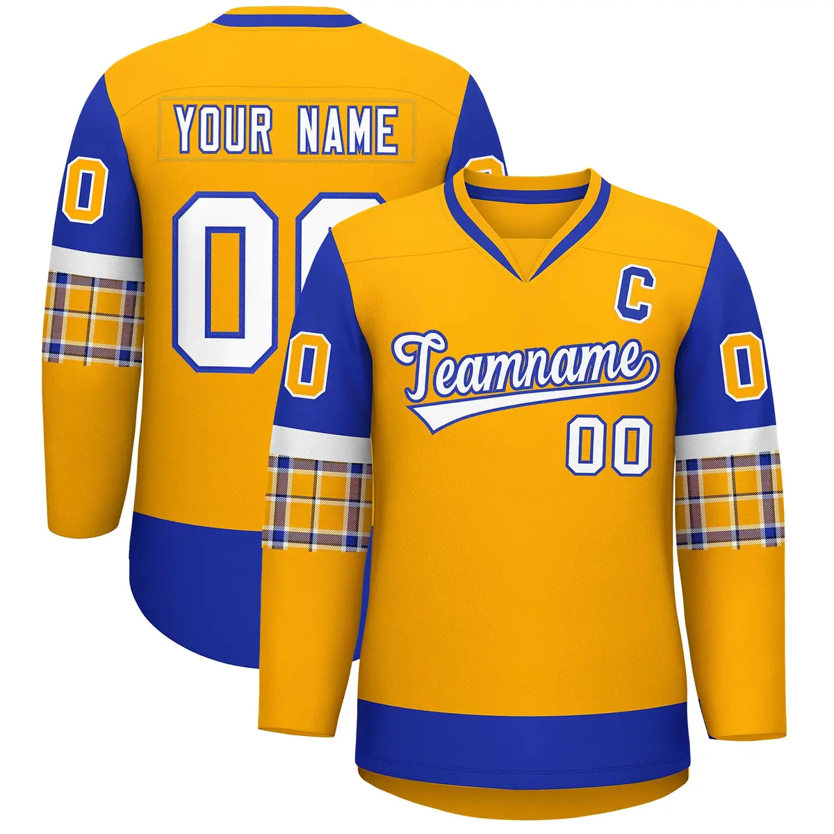 Yellow Royal-White Raglan V-Neck Hockey Jersey