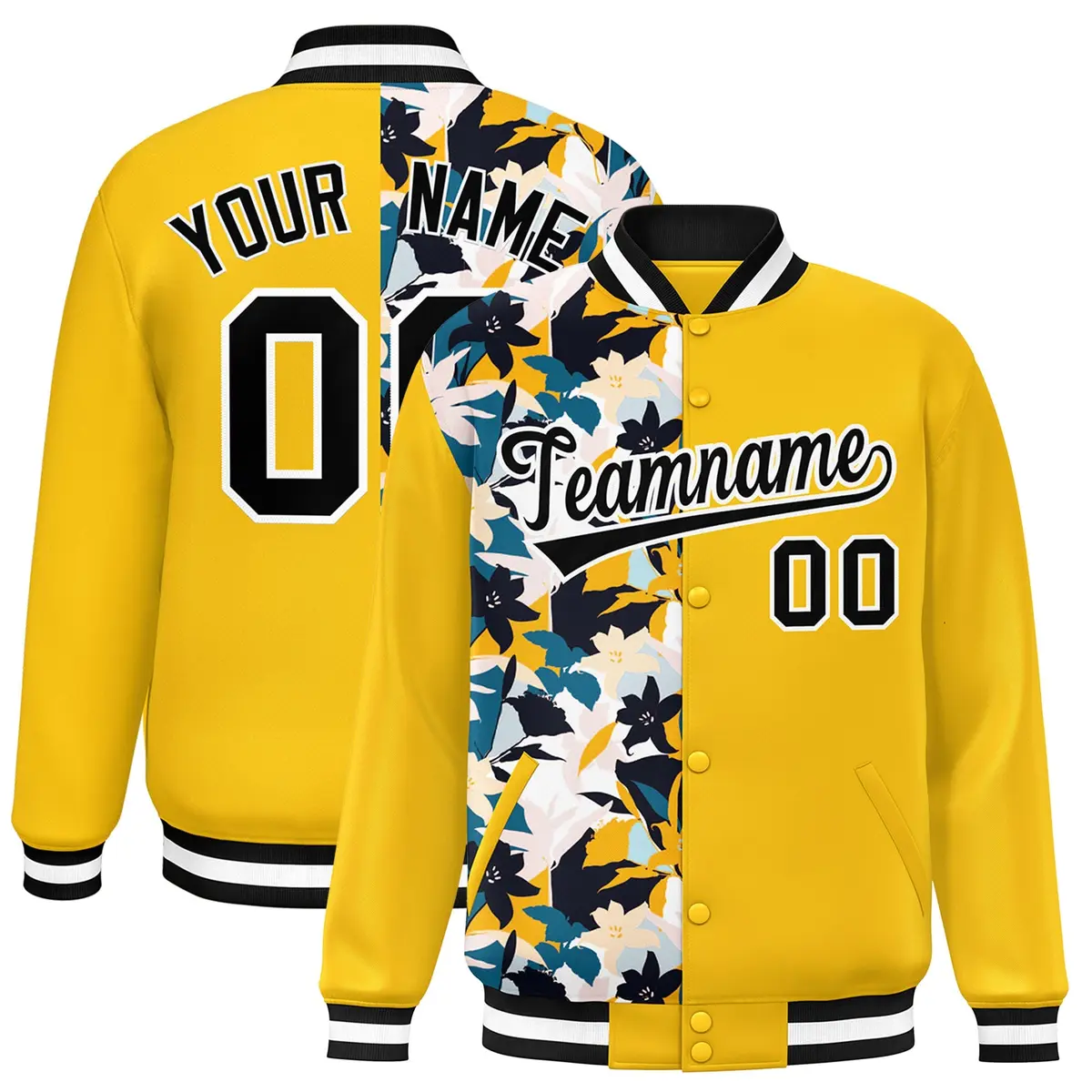 Yellow Two Tone Split Flower Pattern Varsity Letterman Jacket