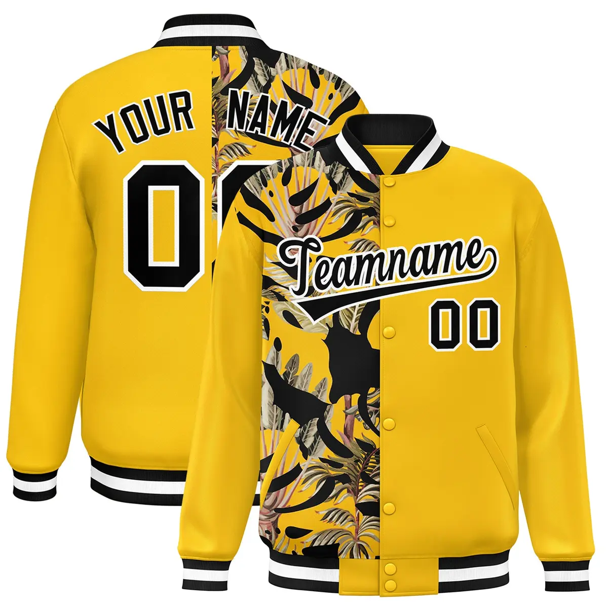 Yellow Two Tone Split Flower Pattern Varsity Letterman Jacket