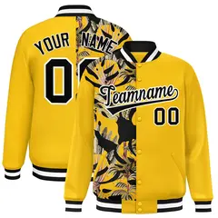 Yellow Two Tone Split Flower Pattern Varsity Letterman Jacket