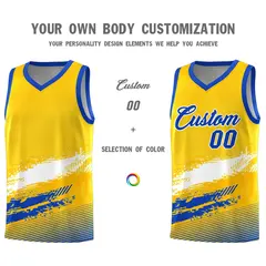 Yellow White and Royal Graffiti Basketball Jersey 3