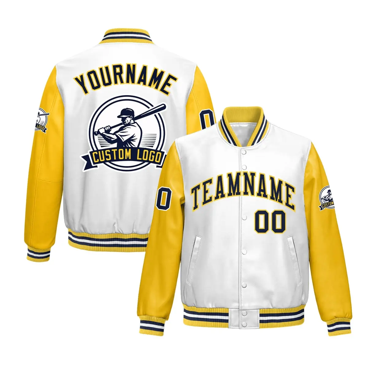 Yellow White Faux Leather Letterman Jacket Raglan Full-Snap