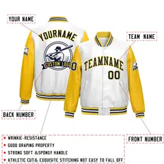 Yellow White Faux Leather Letterman Jacket Raglan Full-Snap 2