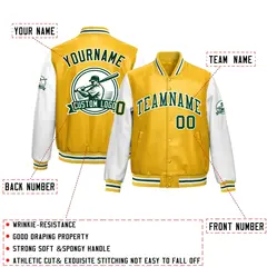Yellow White Faux Leather Letterman Jacket Raglan Full-Snap 2