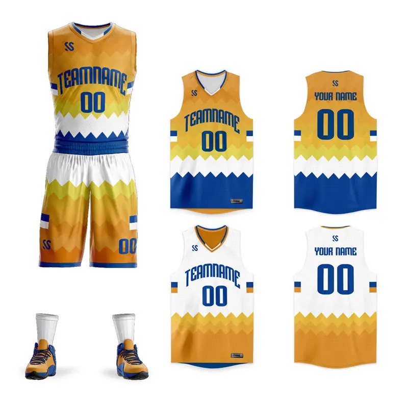 Yellow White-Navy Double Side Sets Basketball Jersey