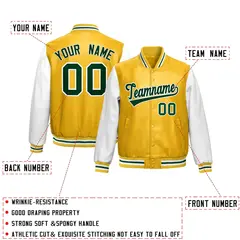 Yellow White Raglan Full-Snap Varsity Faux Leather Letterman Jacket 2