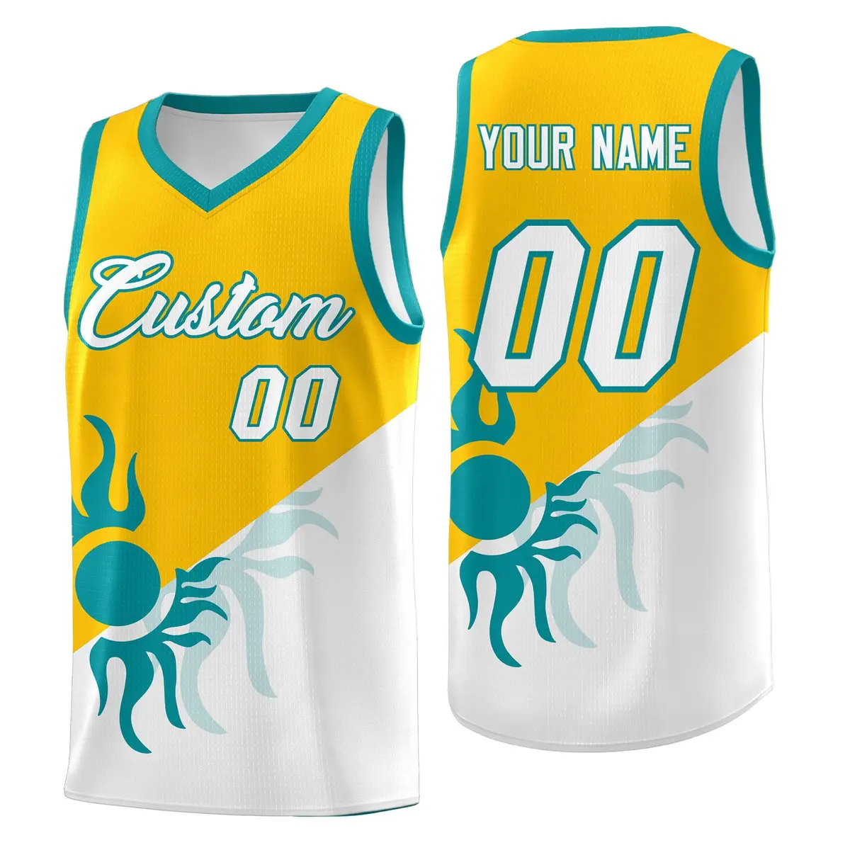 Yellow White Sunburst Two Tone Uniform Basketball Jersey