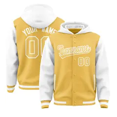 Yellow White Two Tone Raglan Full-Snap Varsity Letterman Jacket Hoodie