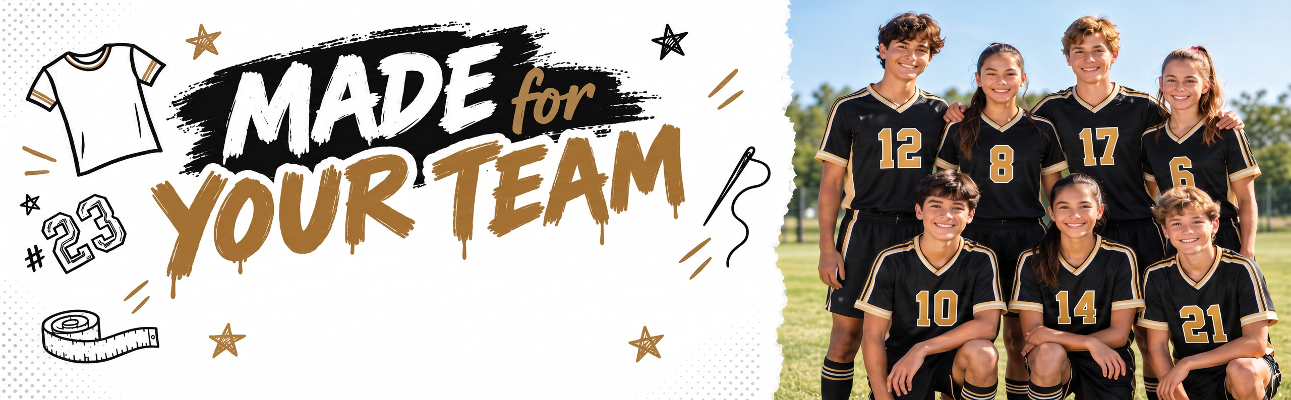 Made for your team: a youth team in custom black and gold kit with numbers on every jersey
